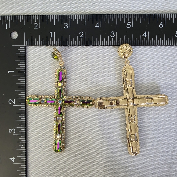 Statement Gold AB Cross Glam Earrings - Picture 11 of 11